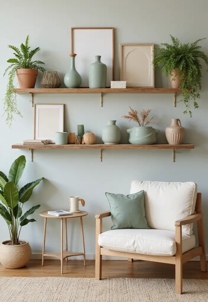 29 Sage Green and Beige Living Room Ideas That Feel Natural and Soft - 11. Open Shelving for Display