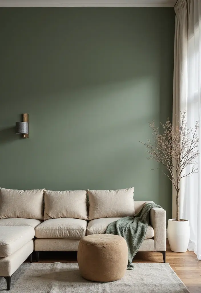29 Sage Green and Beige Living Room Ideas That Feel Natural and Soft - 13. Accent Wall for Depth