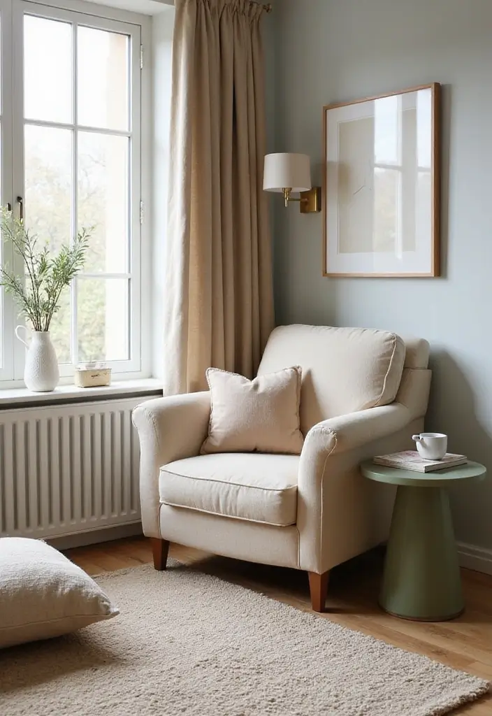 29 Sage Green and Beige Living Room Ideas That Feel Natural and Soft - 14. Cozy Reading Corner