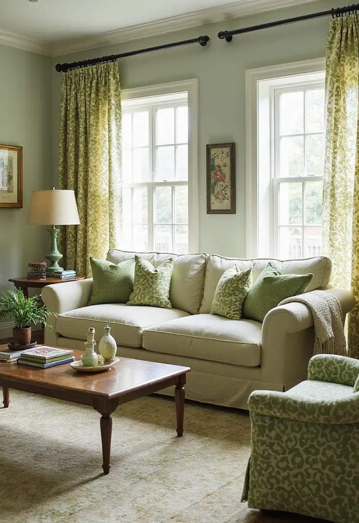 29 Sage Green and Beige Living Room Ideas That Feel Natural and Soft - 15. Mixing Patterns and Prints