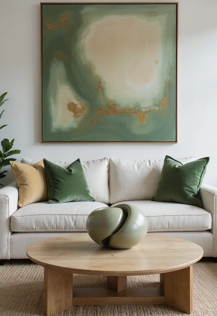 29 Sage Green and Beige Living Room Ideas That Feel Natural and Soft - 16. Artistic Centerpieces