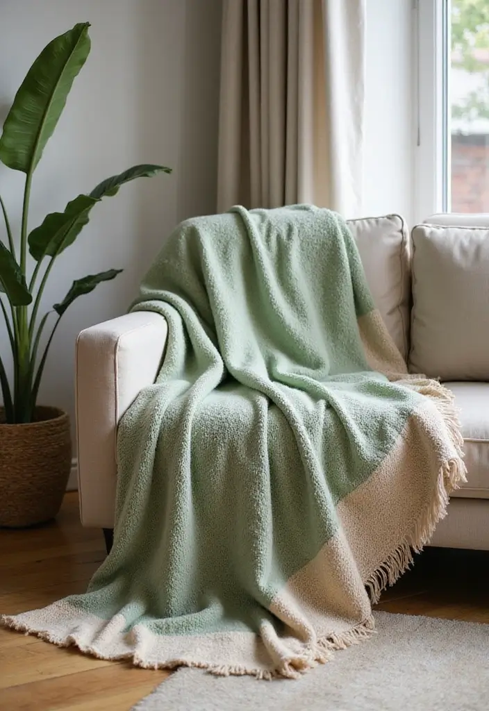 29 Sage Green and Beige Living Room Ideas That Feel Natural and Soft - 17. Artistic Throw Blankets