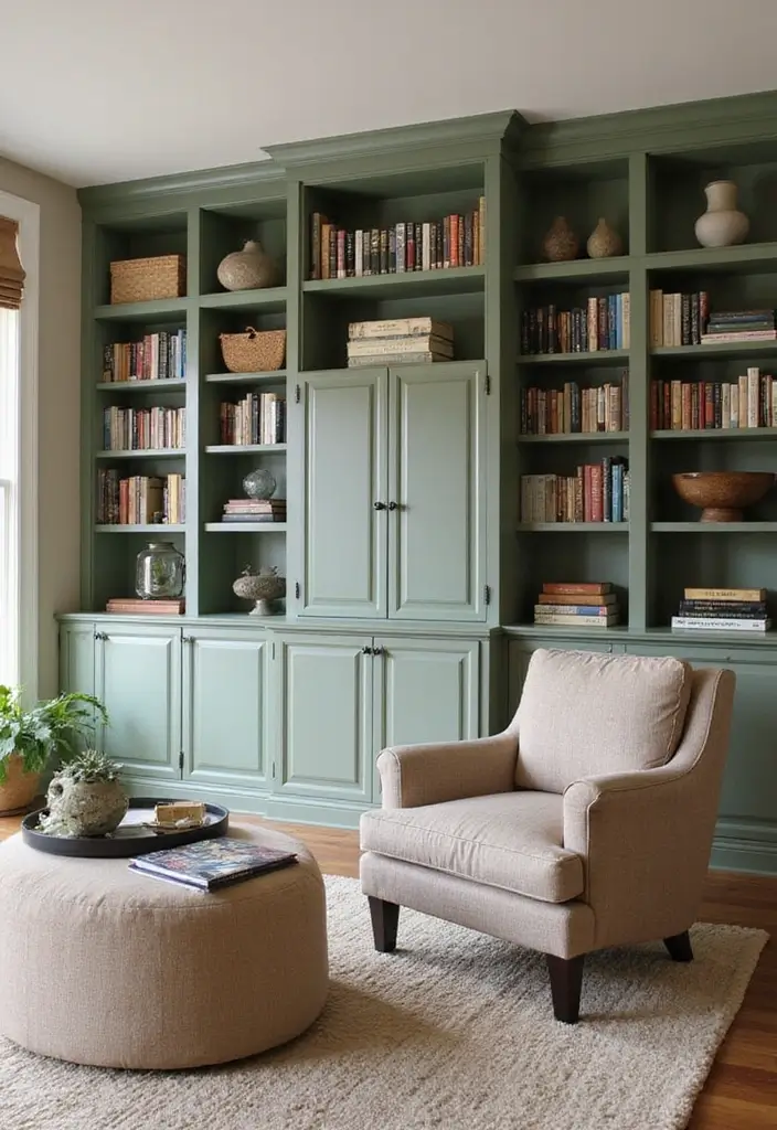 29 Sage Green and Beige Living Room Ideas That Feel Natural and Soft - 18. Custom Built-Ins