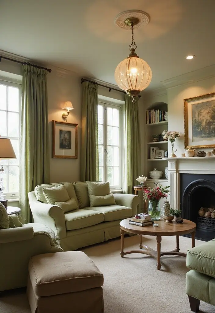 29 Sage Green and Beige Living Room Ideas That Feel Natural and Soft - 19. Layered Lighting Techniques