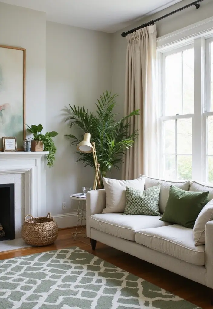 29 Sage Green and Beige Living Room Ideas That Feel Natural and Soft - 23. Geometric Patterns