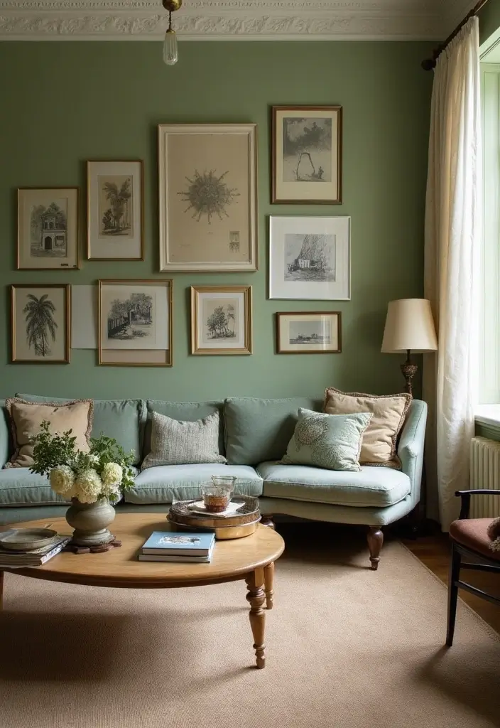 29 Sage Green and Beige Living Room Ideas That Feel Natural and Soft - 24. Vintage Finds and Heirlooms