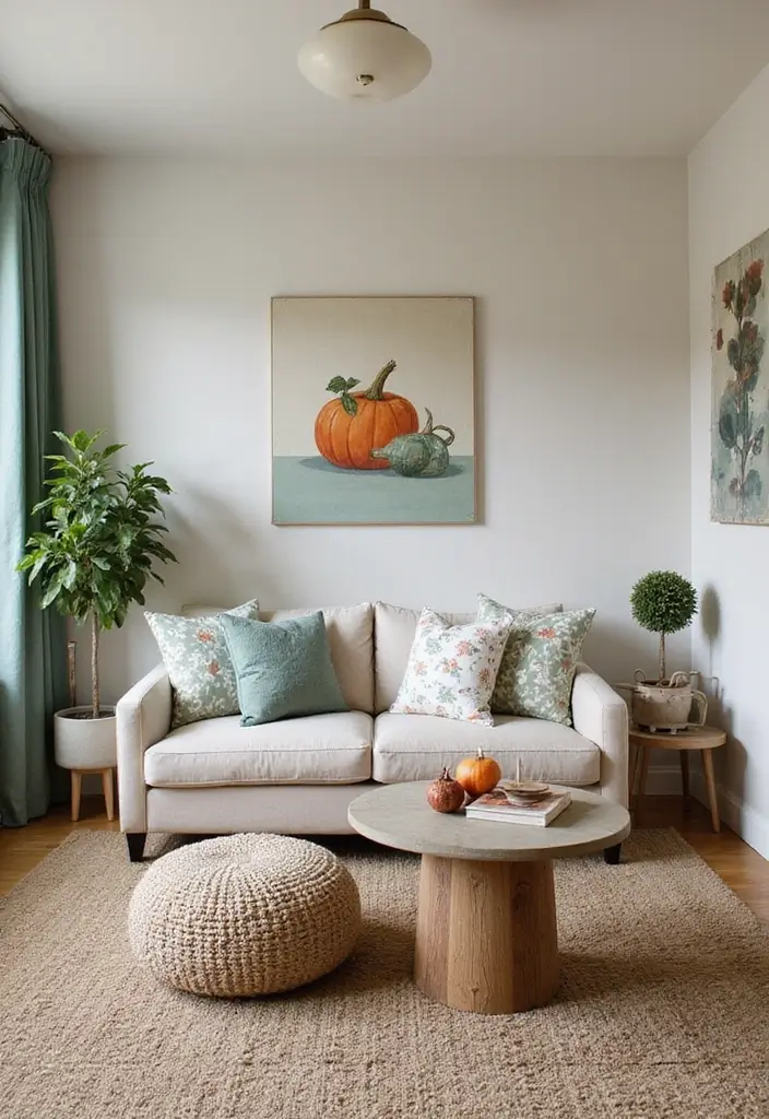 29 Sage Green and Beige Living Room Ideas That Feel Natural and Soft - 25. Seasonal Decor Switch