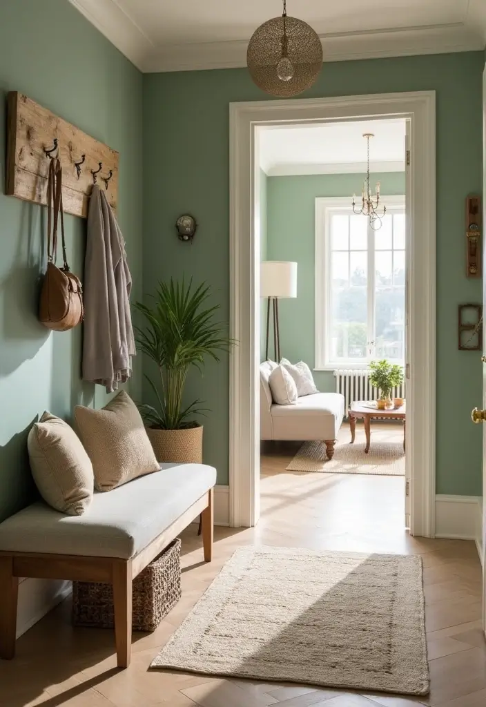29 Sage Green and Beige Living Room Ideas That Feel Natural and Soft - 29. Inviting Entryway Transition