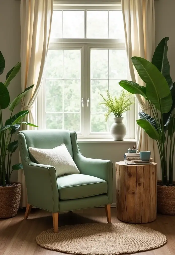 29 Sage Green and Beige Living Room Ideas That Feel Natural and Soft - 3. Cozy Nook with Natural Light