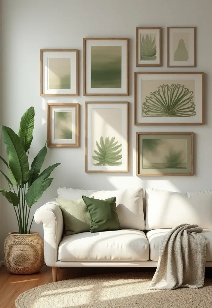 29 Sage Green and Beige Living Room Ideas That Feel Natural and Soft - 4. Eclectic Wall Art Display
