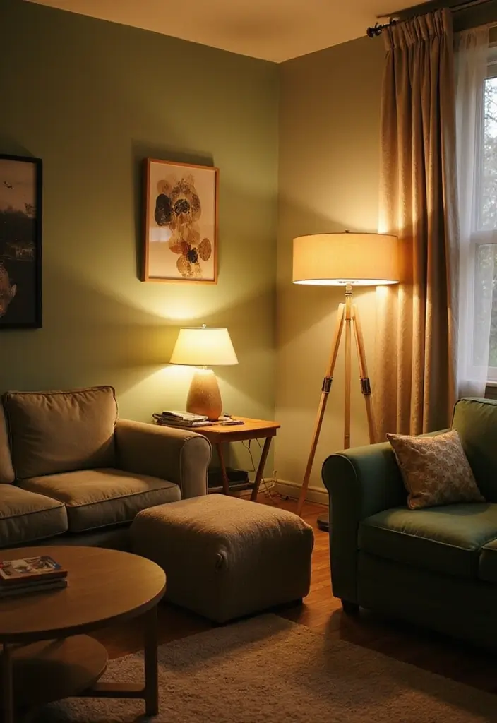 29 Sage Green and Beige Living Room Ideas That Feel Natural and Soft - 8. Soft Lighting for Maximum Relaxation