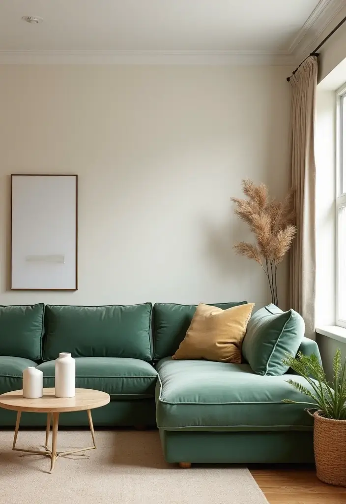 29 Sage Green and Beige Living Room Ideas That Feel Natural and Soft - 9. Statement Furniture Pieces