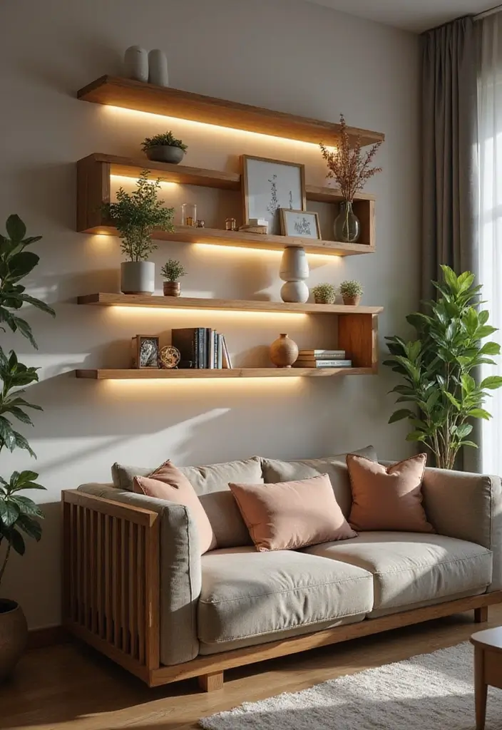29 Shelves in Living Room Ideas That Add Function and Style - 10. Floating Shelves with Built-In Lighting