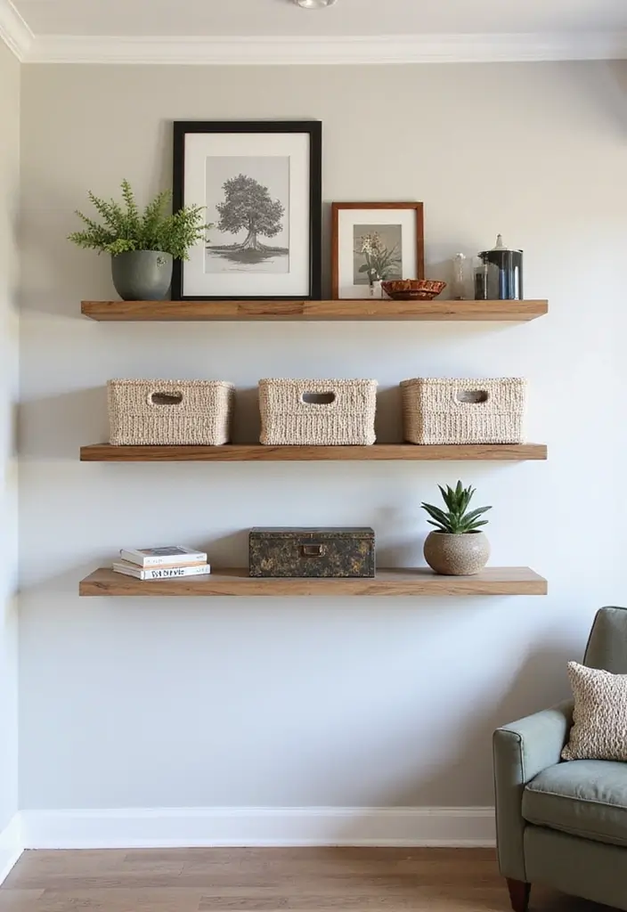 29 Shelves in Living Room Ideas That Add Function and Style - 11. Floating Shelves with Storage Bins