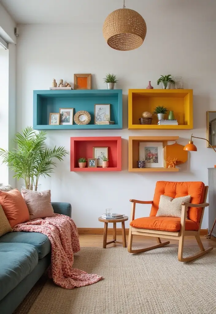 29 Shelves in Living Room Ideas That Add Function and Style - 13. Bold Colored Floating Shelves