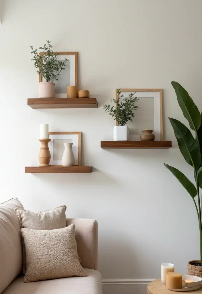 29 Shelves in Living Room Ideas That Add Function and Style - 14. Floating Shelves with Decorative Trays