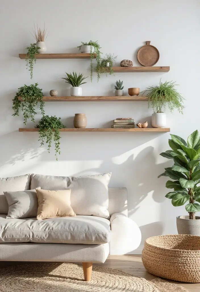 29 Shelves in Living Room Ideas That Add Function and Style - 15. Floating Shelves Inspired by Nature