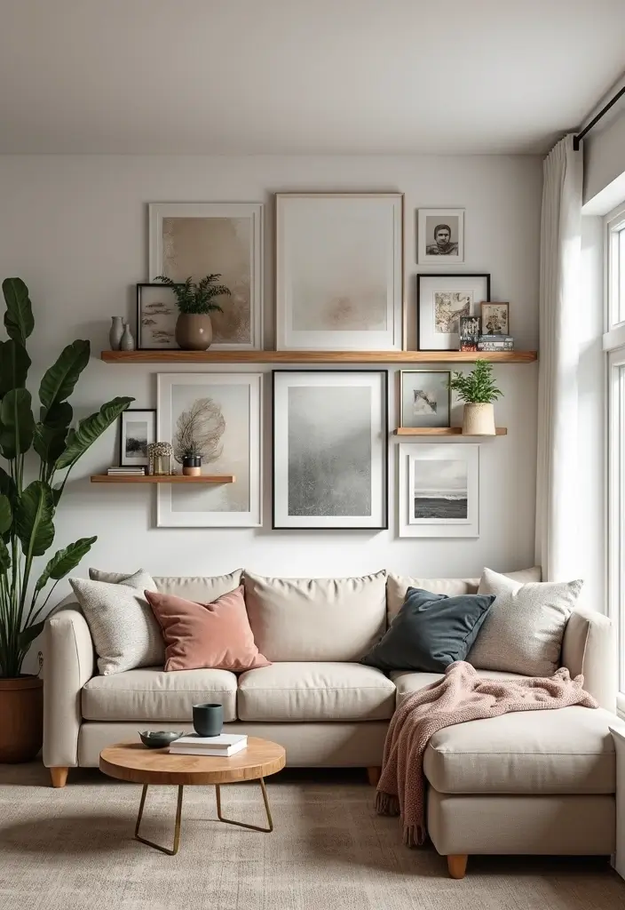 29 Shelves in Living Room Ideas That Add Function and Style - 16. Layered Wall Art and Floating Shelves