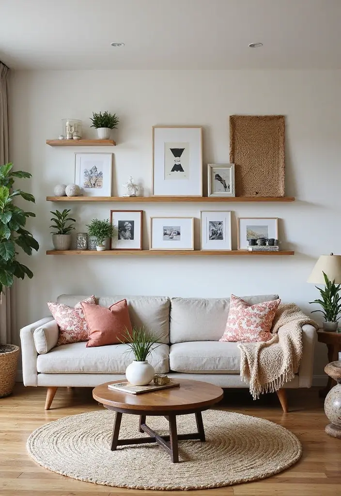 29 Shelves in Living Room Ideas That Add Function and Style - 17. Floating Shelves in a Gallery Wall