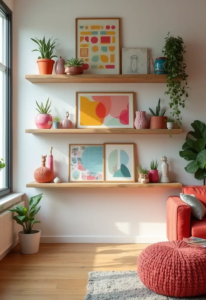 29 Shelves in Living Room Ideas That Add Function and Style - 18. Floating Shelves with Colorful Accents