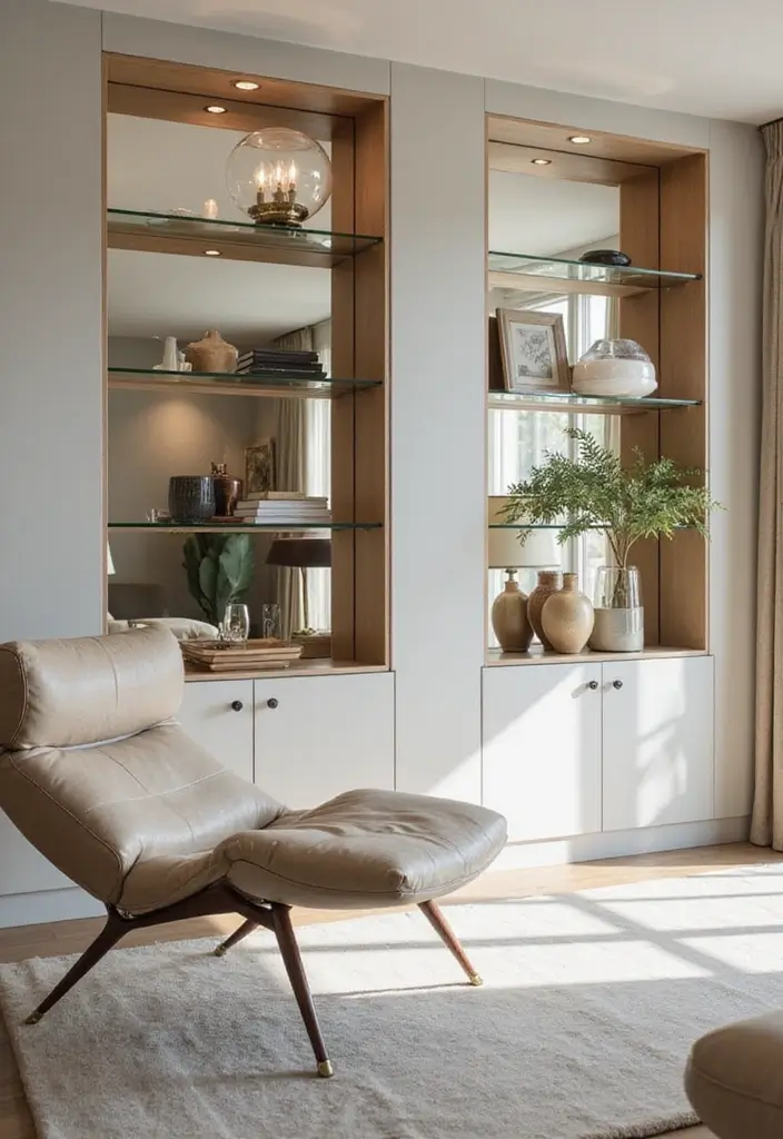 29 Shelves in Living Room Ideas That Add Function and Style - 19. Floating Shelves with Mirrors