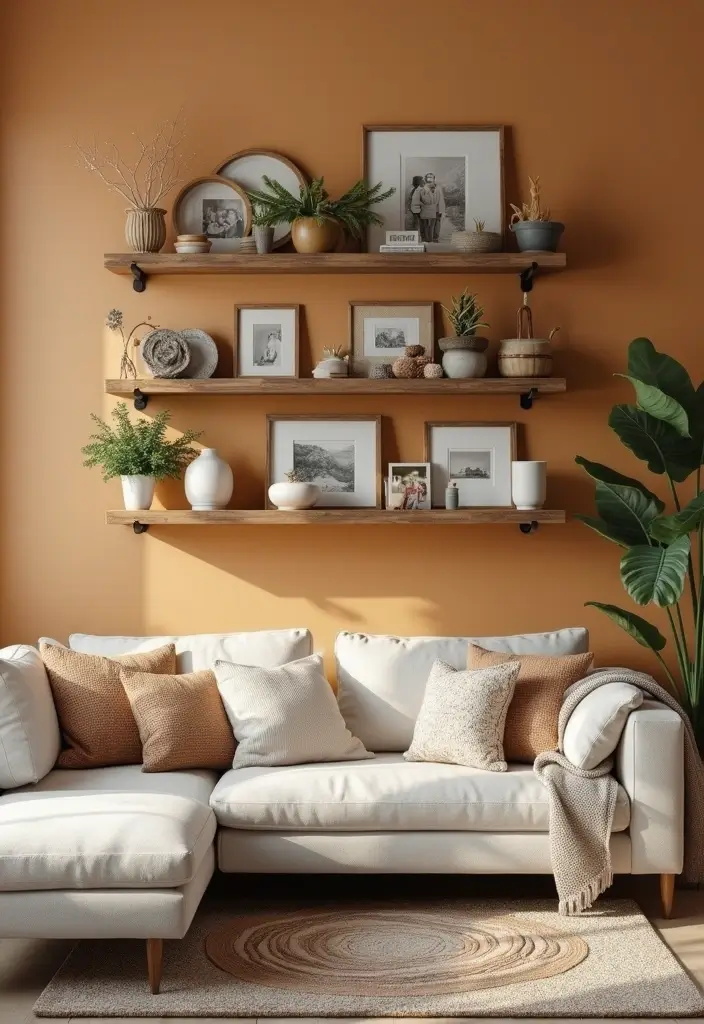 29 Shelves in Living Room Ideas That Add Function and Style - 2. Rustic Wood Shelves