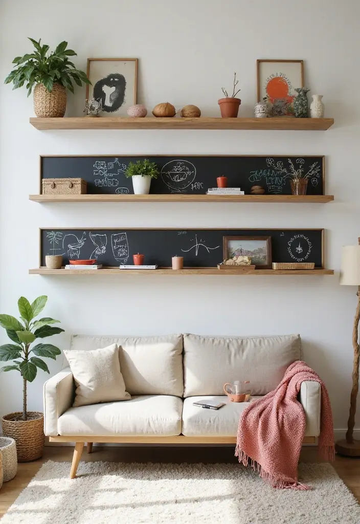 29 Shelves in Living Room Ideas That Add Function and Style - 20. Floating Shelves with Chalkboard Sections