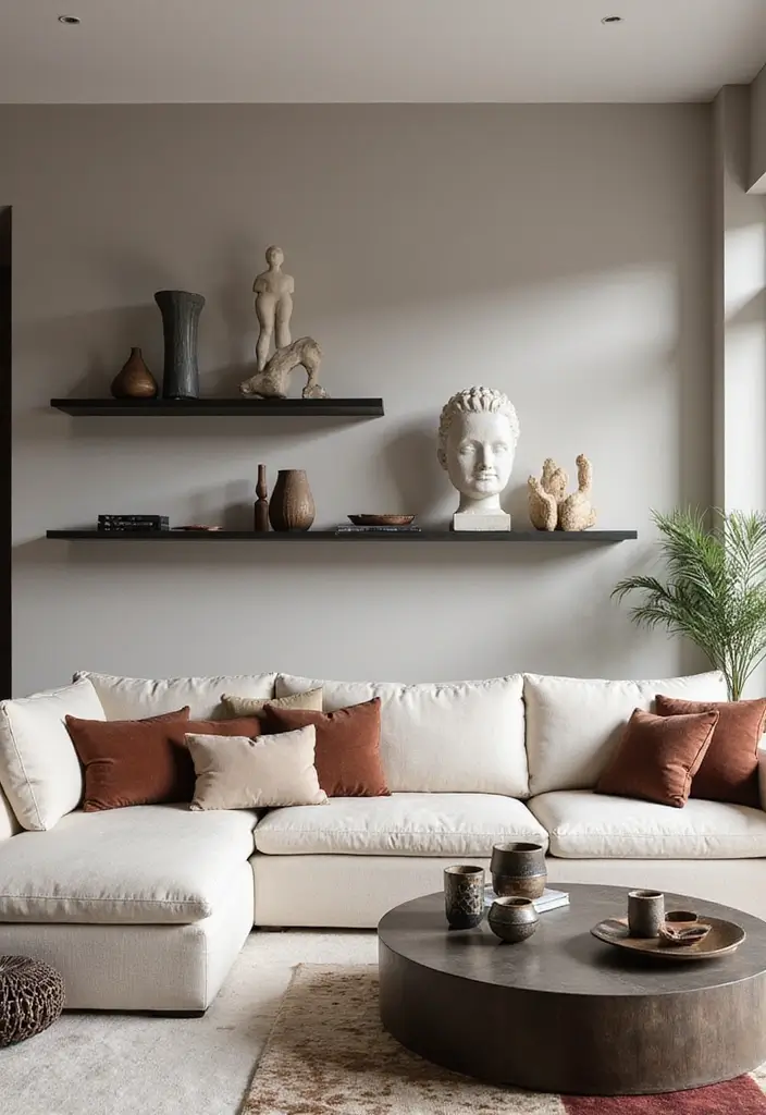 29 Shelves in Living Room Ideas That Add Function and Style - 21. Floating Shelves with Artistic Sculptures