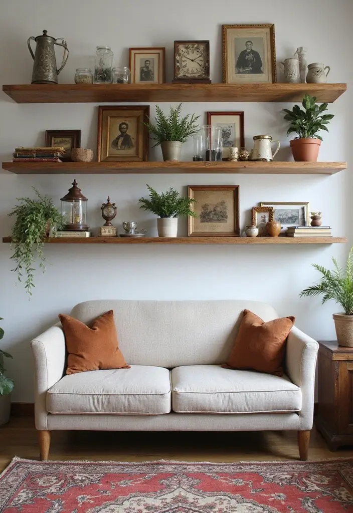 29 Shelves in Living Room Ideas That Add Function and Style - 22. Vintage-Inspired Floating Shelves