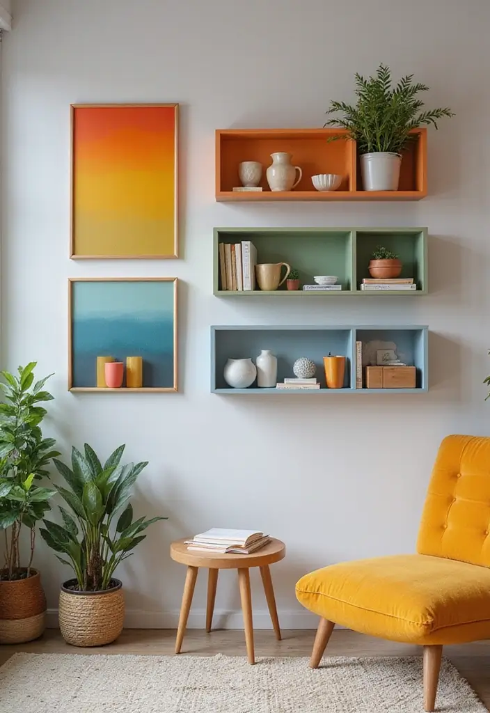 29 Shelves in Living Room Ideas That Add Function and Style - 23. Floating Shelves with Color Gradients