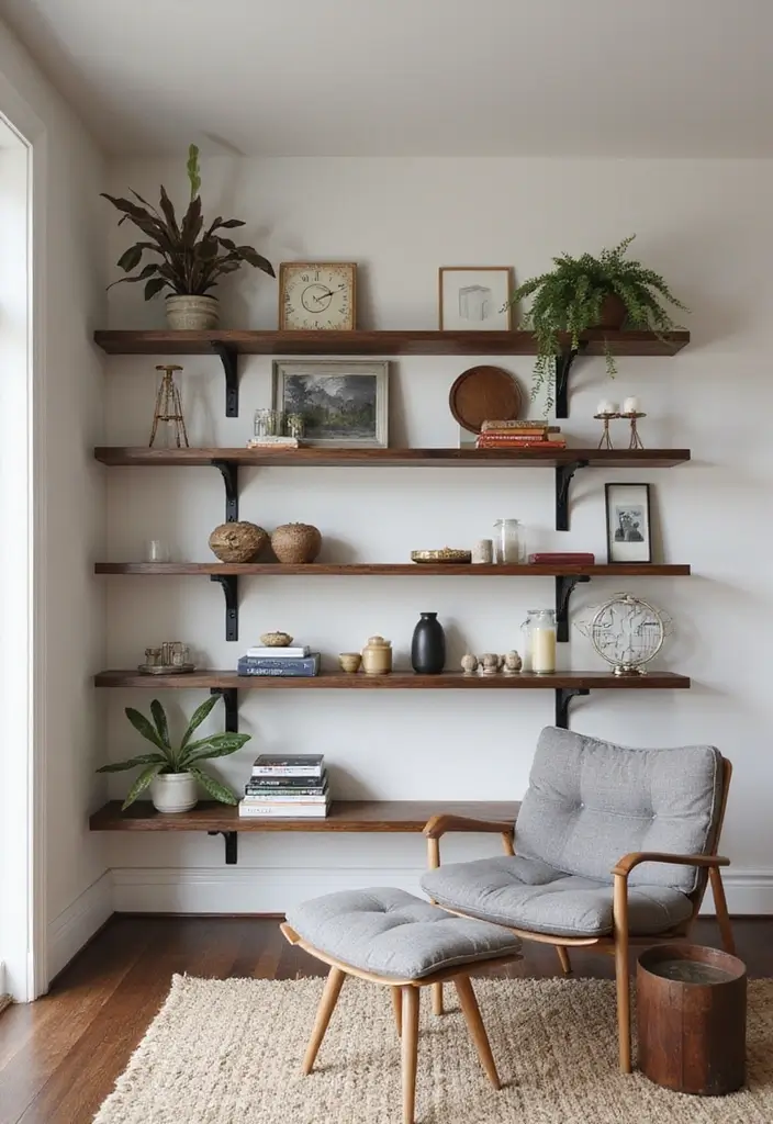 29 Shelves in Living Room Ideas That Add Function and Style - 24. Mixed Material Floating Shelves