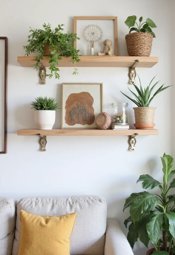 29 Shelves in Living Room Ideas That Add Function and Style - 25. Floating Shelves with Decorative Hooks