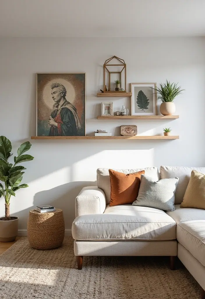 29 Shelves in Living Room Ideas That Add Function and Style - 26. Floating Shelves with Integrated Artwork