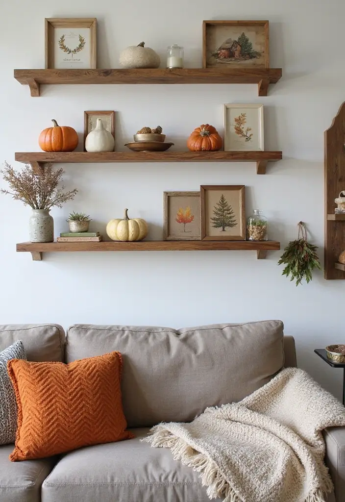 29 Shelves in Living Room Ideas That Add Function and Style - 28. Seasonal Floating Shelf Decor