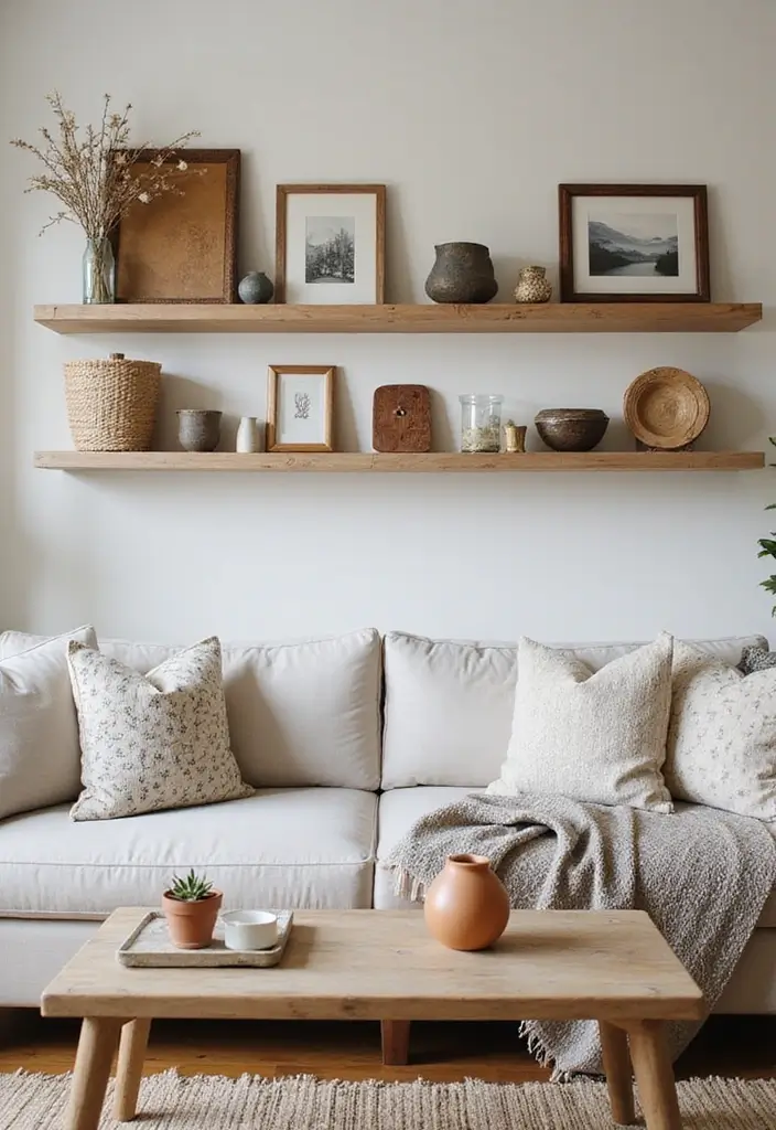 29 Shelves in Living Room Ideas That Add Function and Style - 29. Floating Shelves with Personal Mementos