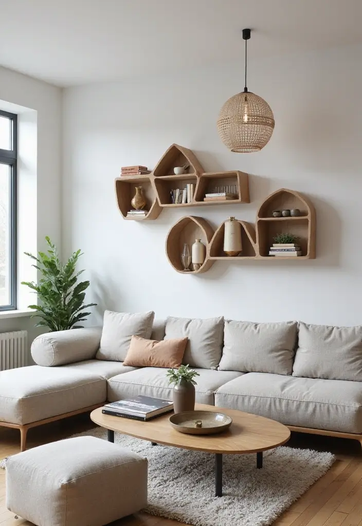 29 Shelves in Living Room Ideas That Add Function and Style - 8. Artistic Floating Shelf Designs