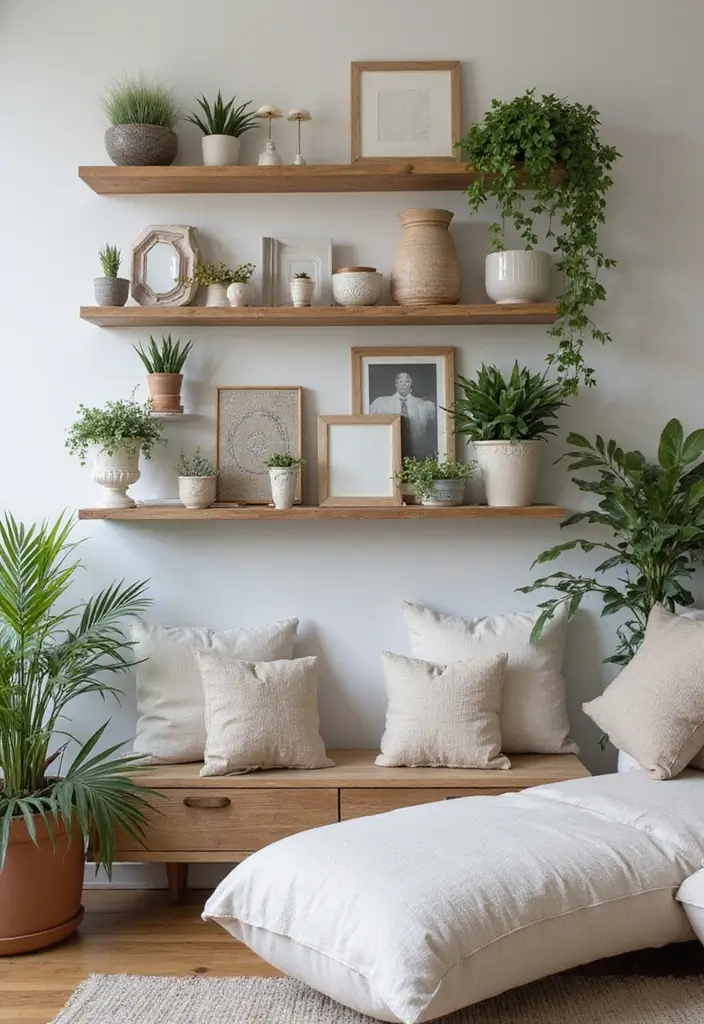 29 Shelves in Living Room Ideas That Add Function and Style - 9. Layered Floating Shelves