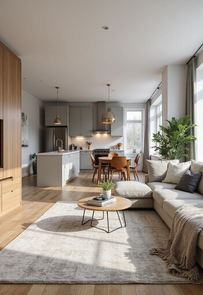 29 Small Open Concept Kitchen Living Room Ideas That Flow Beautifully - 10. Rugs to Define Spaces