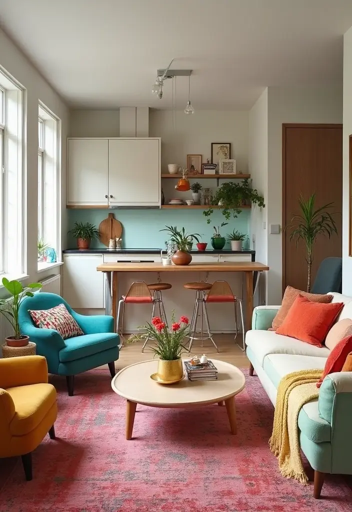 29 Small Open Concept Kitchen Living Room Ideas That Flow Beautifully - 13. Colorful Accents