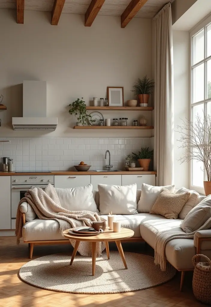 29 Small Open Concept Kitchen Living Room Ideas That Flow Beautifully - 25. Cozy Textiles