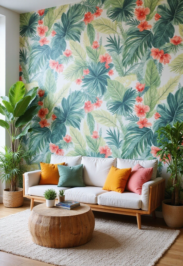 29 Wallpaper Living Room Accent Wall Ideas That Add Character - 1. Tropical Paradise