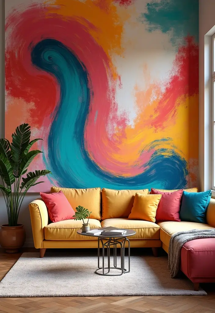 29 Wallpaper Living Room Accent Wall Ideas That Add Character - 13. Vibrant Abstracts