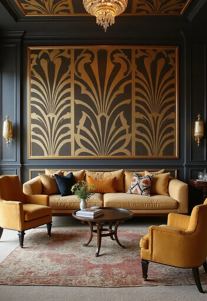 29 Wallpaper Living Room Accent Wall Ideas That Add Character - 16. Art Deco Glam