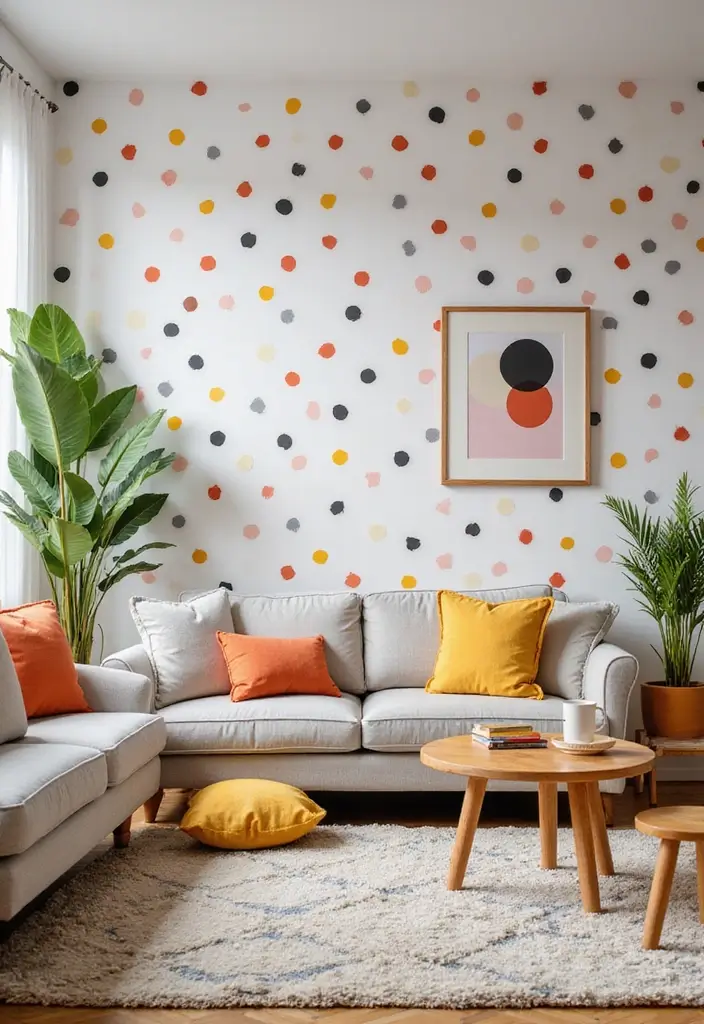 29 Wallpaper Living Room Accent Wall Ideas That Add Character - 17. Playful Polka Dots