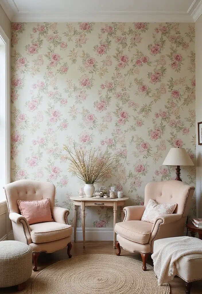 29 Wallpaper Living Room Accent Wall Ideas That Add Character - 2. Vintage Floral Delight