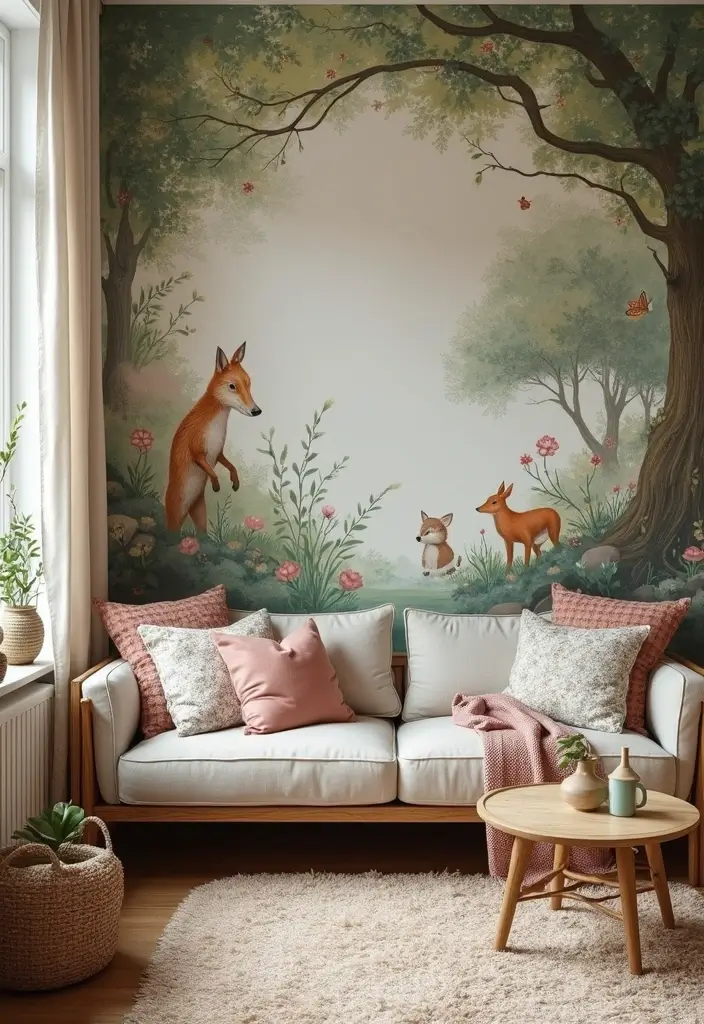 29 Wallpaper Living Room Accent Wall Ideas That Add Character - 23. Whimsical Woodland