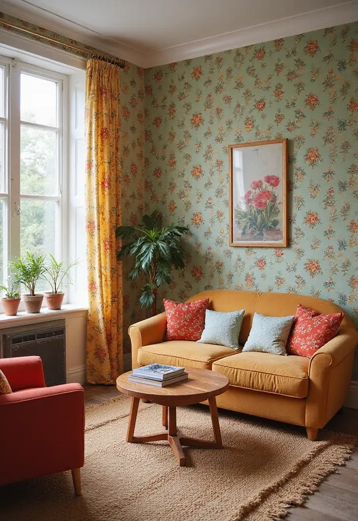 29 Wallpaper Living Room Accent Wall Ideas That Add Character - 25. Retro Revival
