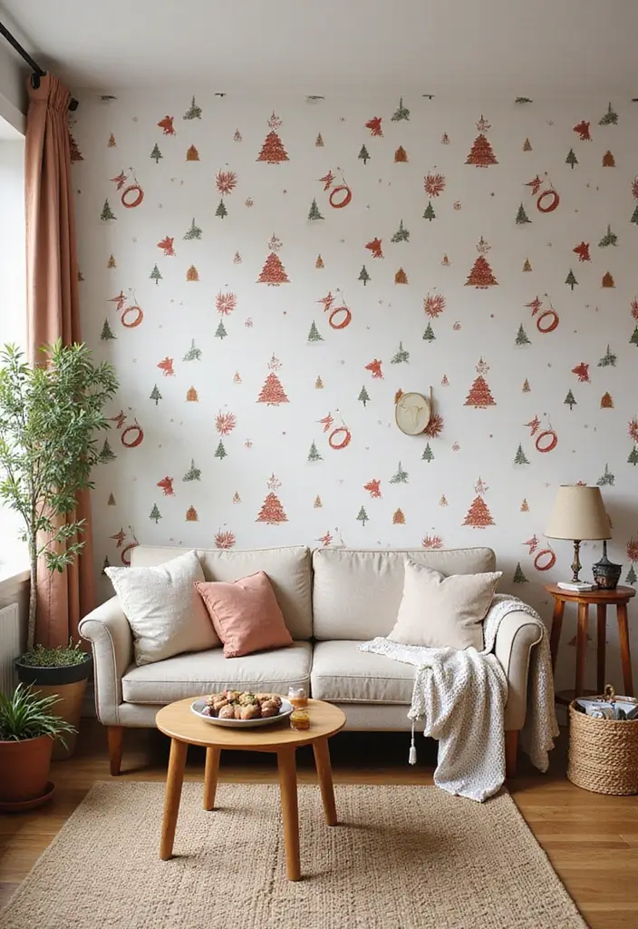 29 Wallpaper Living Room Accent Wall Ideas That Add Character - 27. Festive Cheer