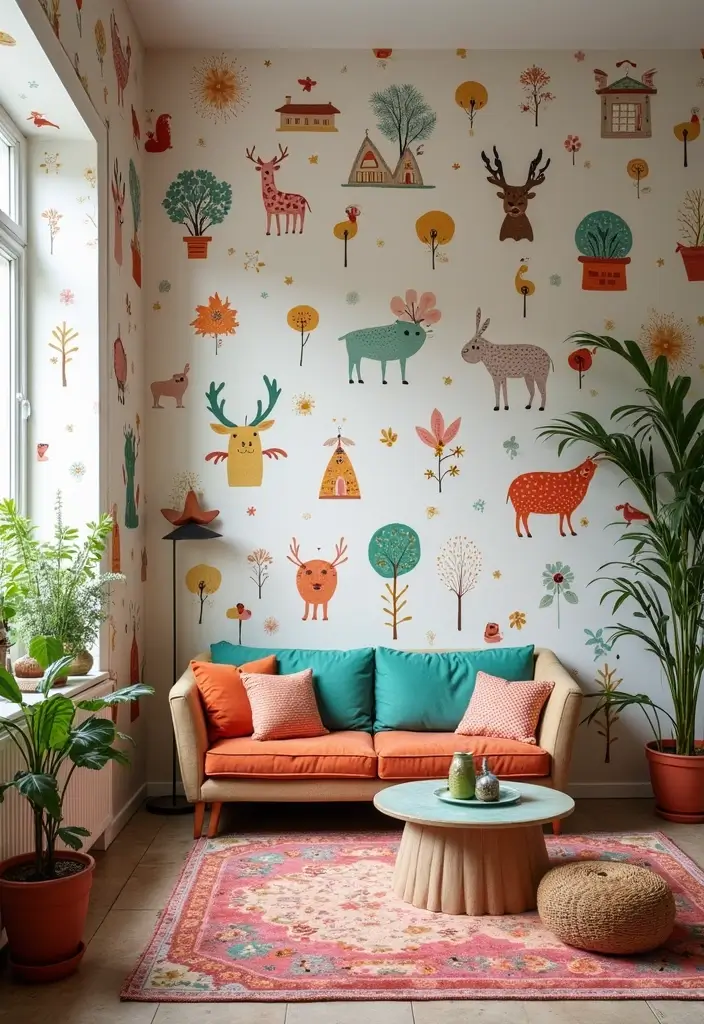 29 Wallpaper Living Room Accent Wall Ideas That Add Character - 5. Whimsical Patterns