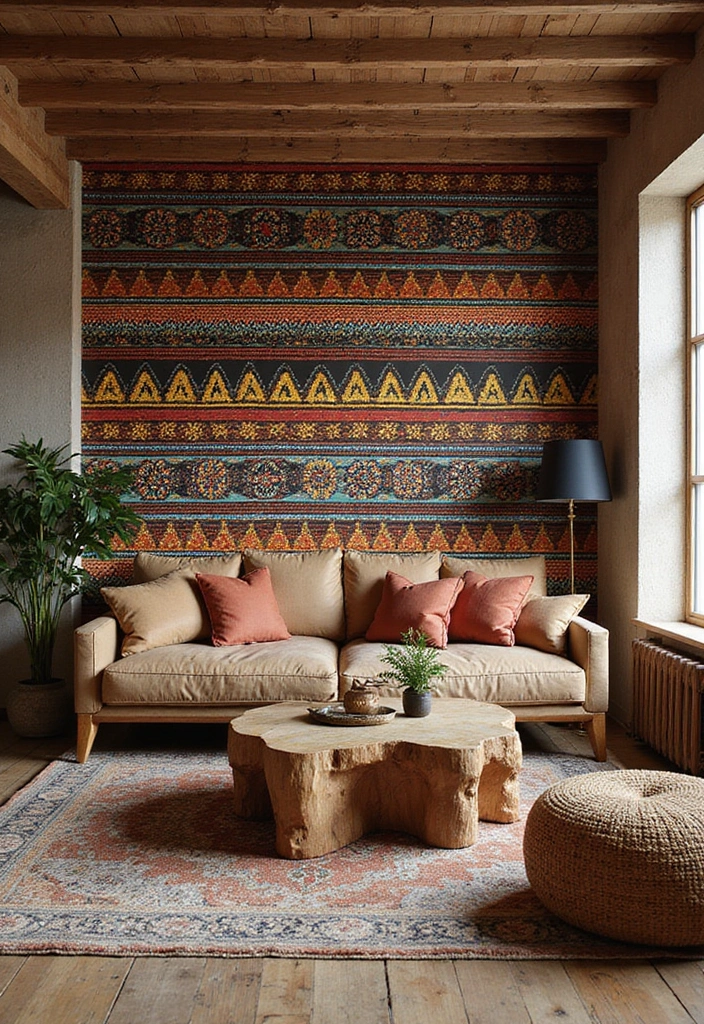 29 Wallpaper Living Room Accent Wall Ideas That Add Character - 6. Bold Tribal Prints